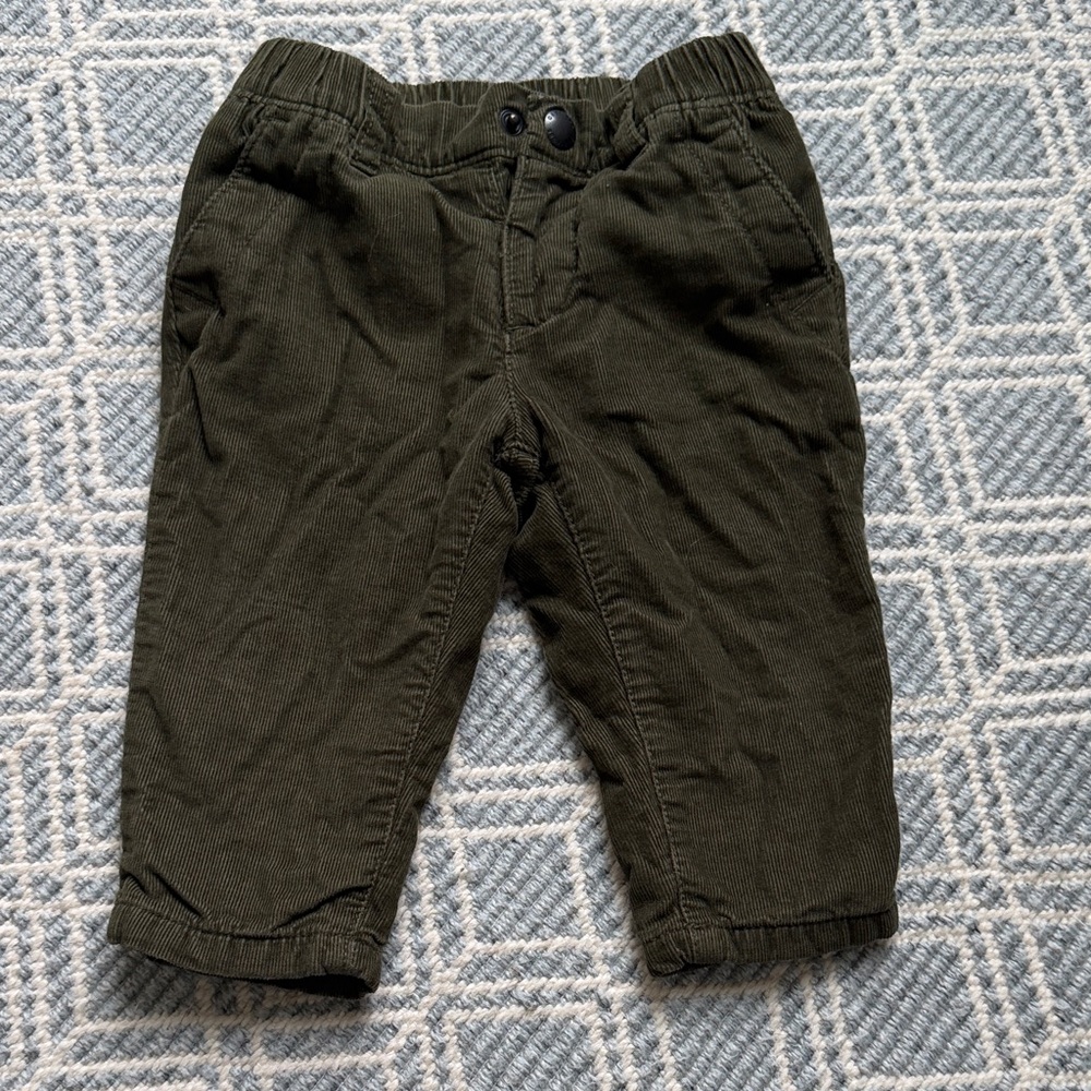 GAP Baby Boy Dark Olive Green Corduroy Pants, Jersey-lined - 6-12 months